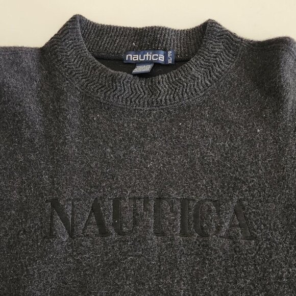 VTG Nautica Wool Sz XL Men's Crewneck Sweater Gray Spell Out Knit Pullover Top - Picture 4 of 10
